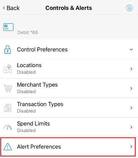 Alert preferences menu card control