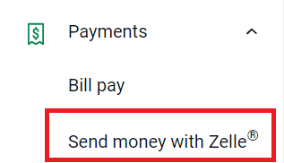 Zelle in payment menu